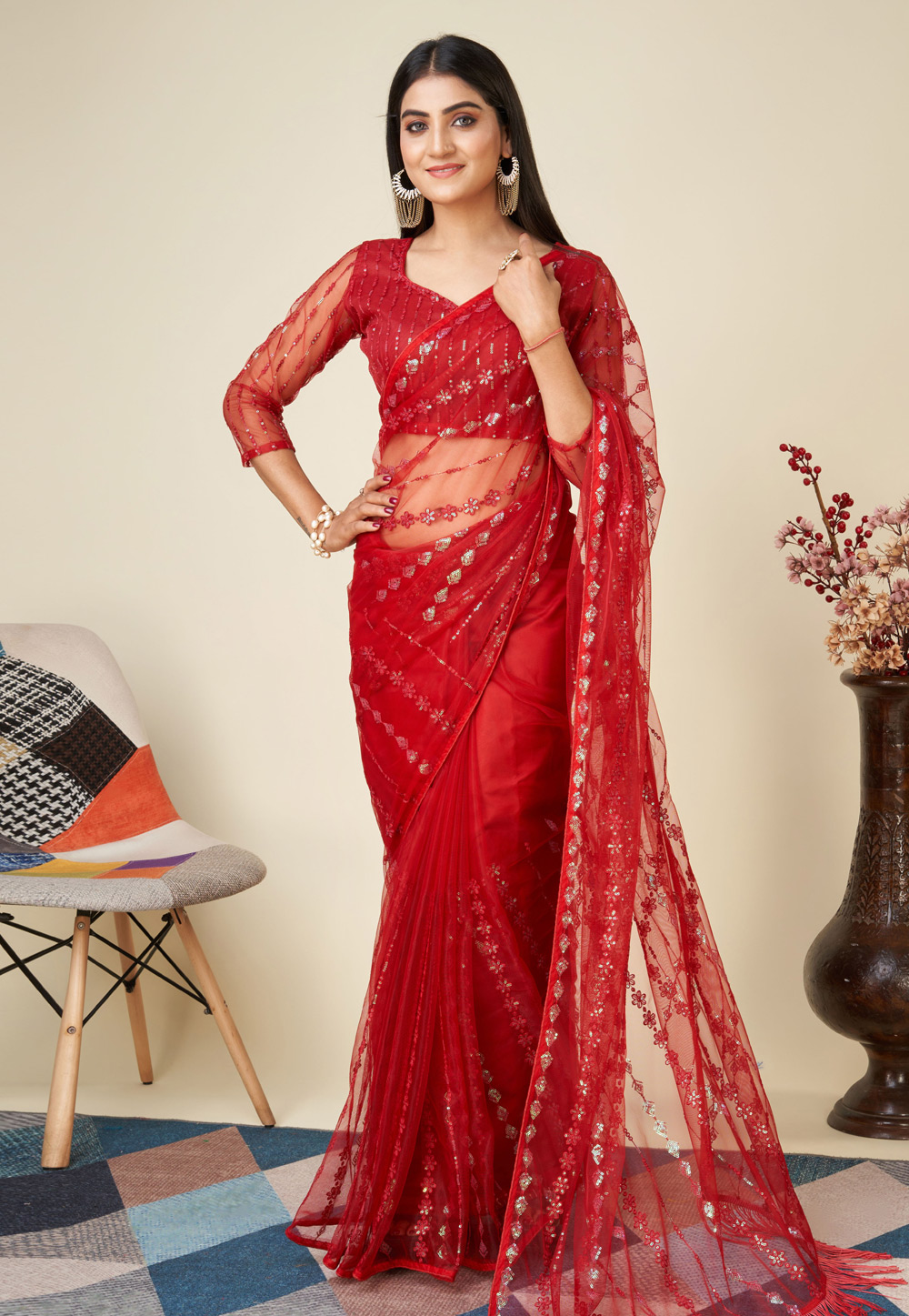 Red Soft Net Saree With Blouse 279815