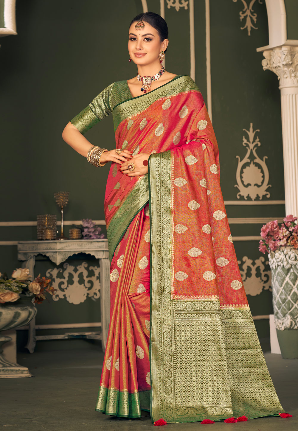 Red Tissue Silk Saree With Blouse 278725