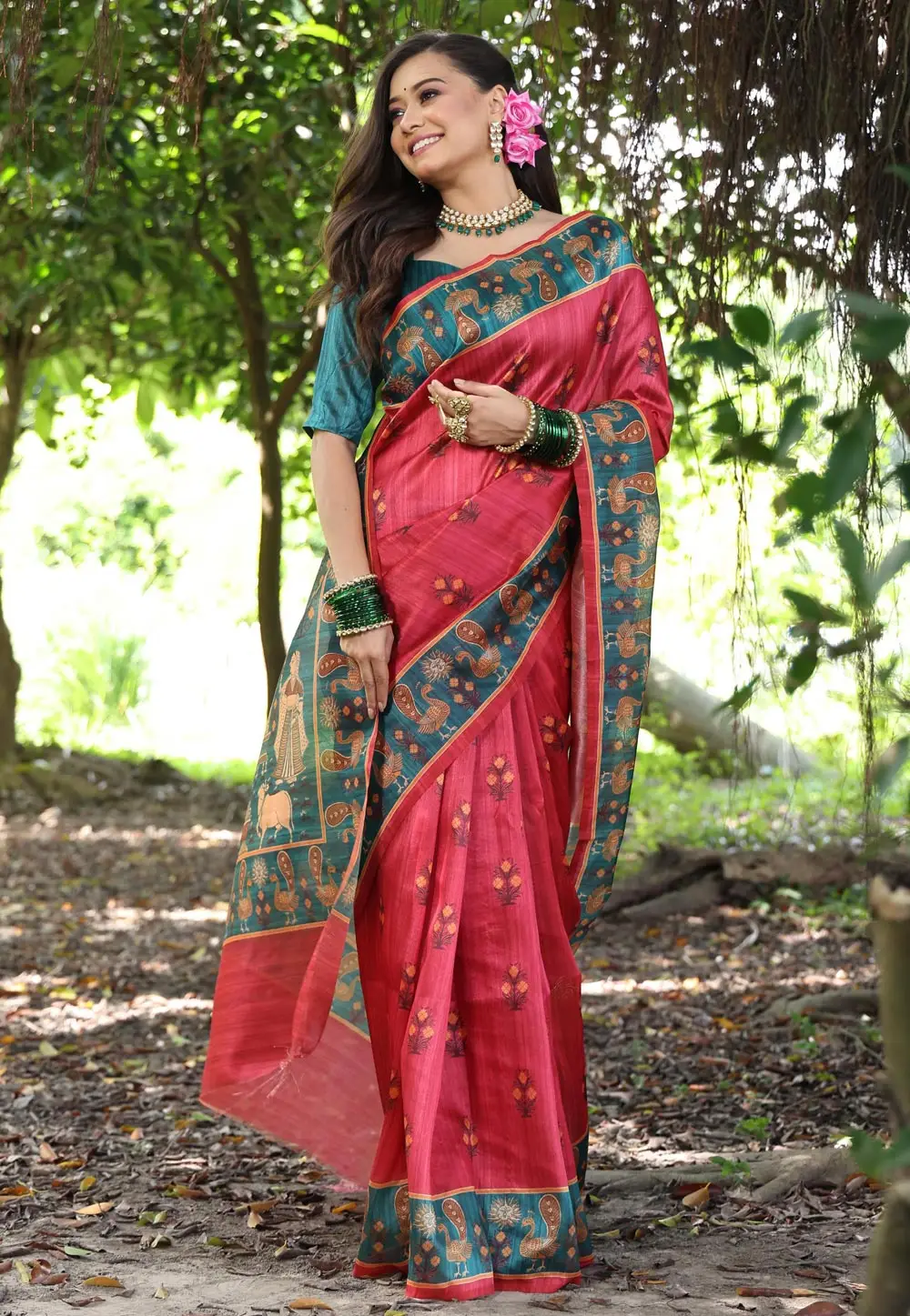 Red Tussar Silk Saree With Blouse 295350