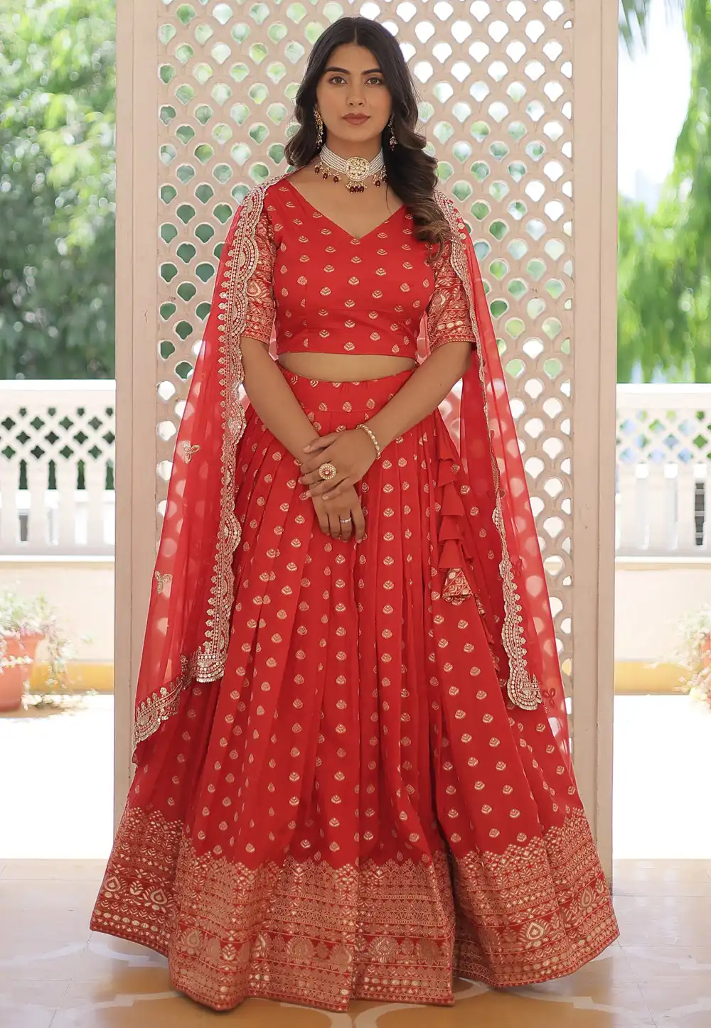 Red Viscose Jacquard Lehenga Choli 291508