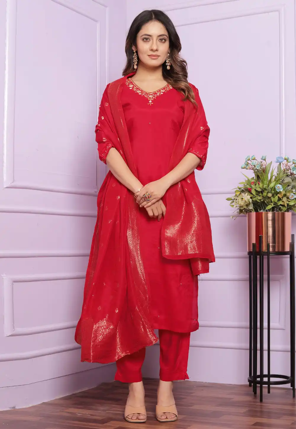 Red Viscose Readymade Pant Style Suit 289119
