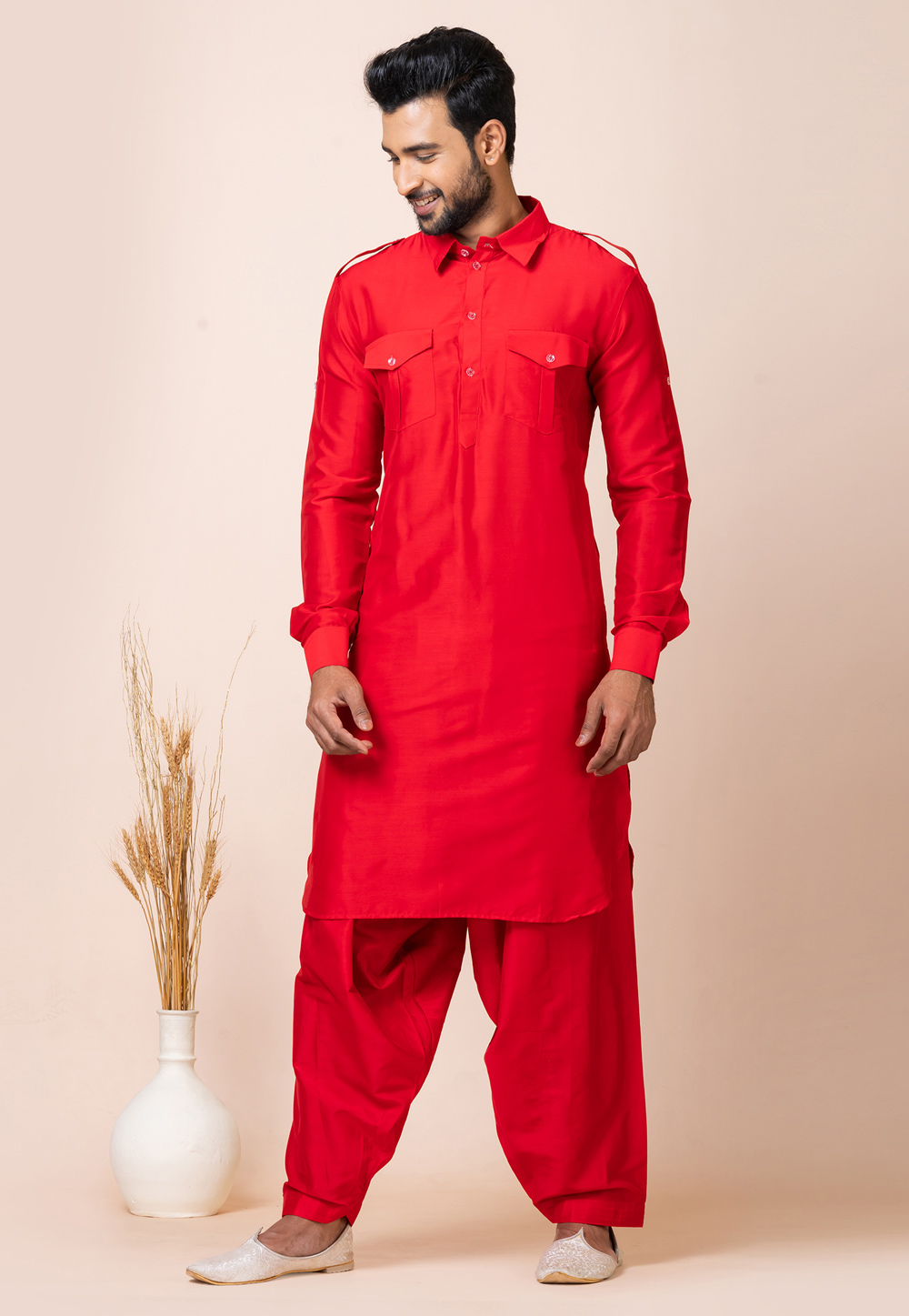 Red Viscose Pathani Suit 286244