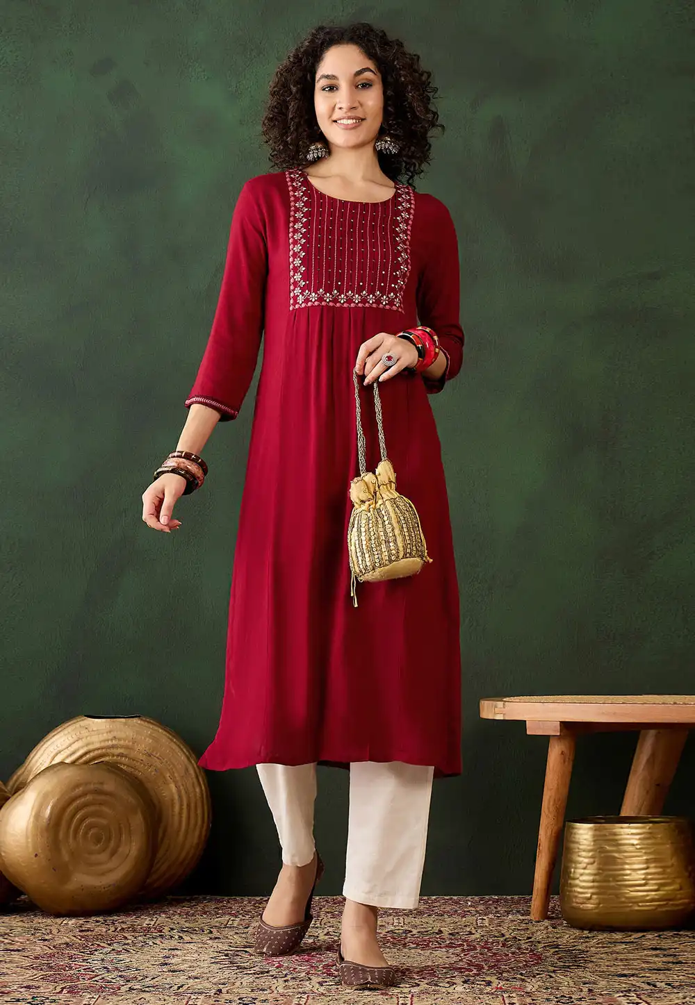 Red Viscose Rayon Long Kurti 293683