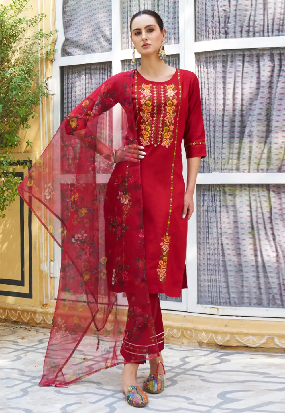 Red Viscose Rayon Readymade Pakistani Suit 288510