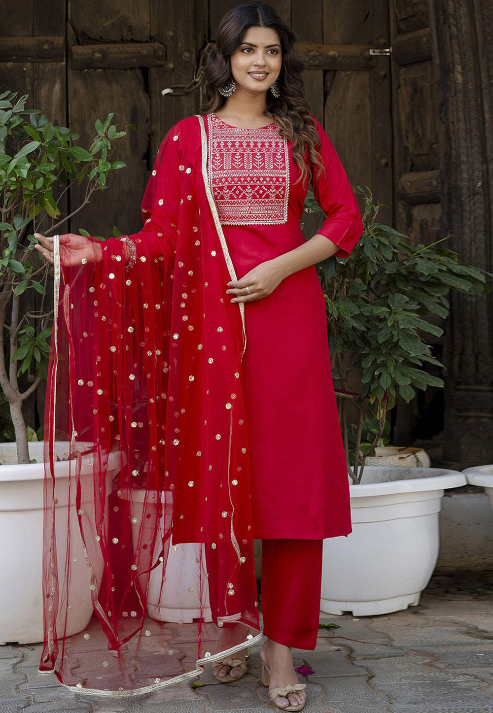 Red Viscose Rayon Readymade Pakistani Suit 283050