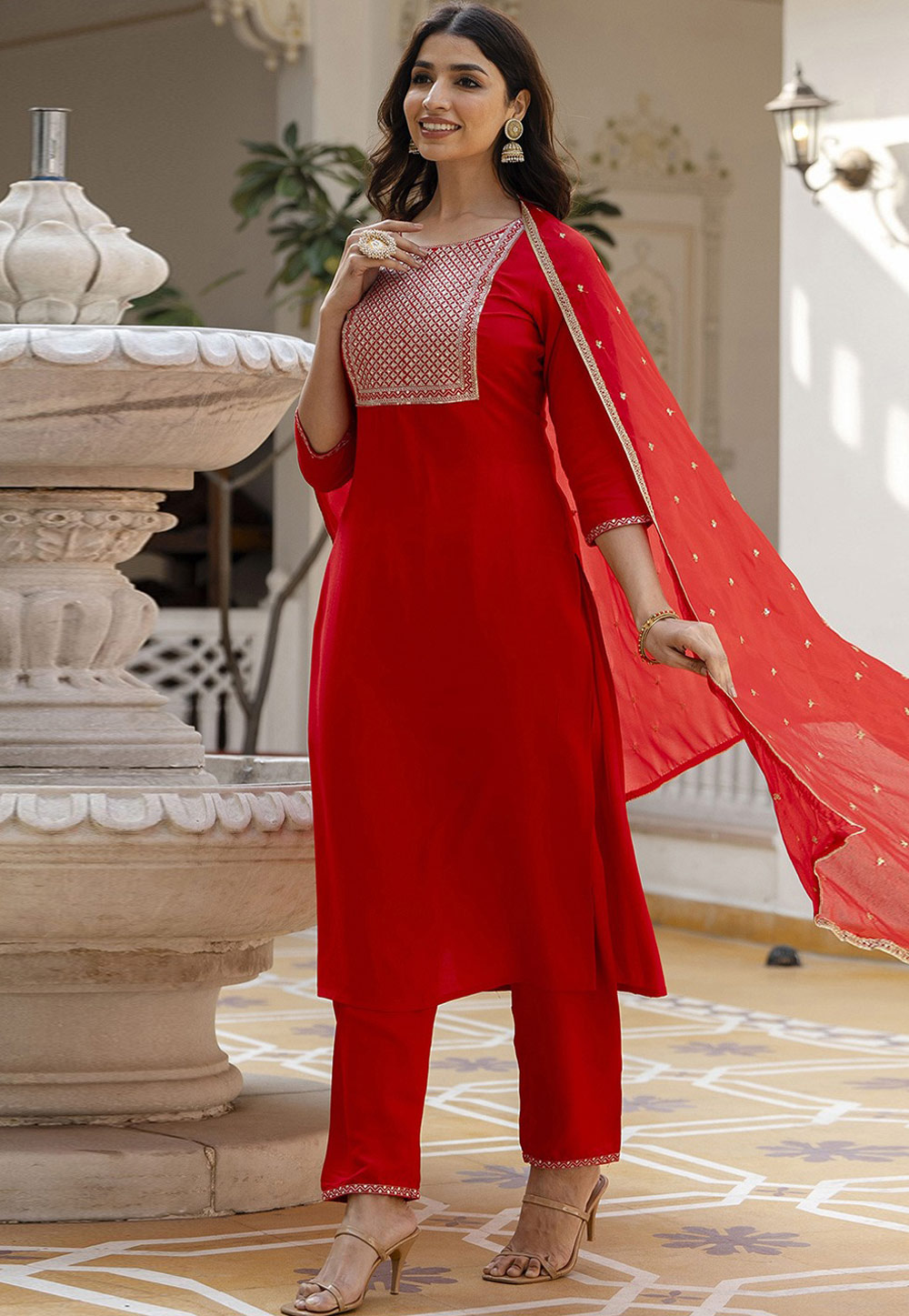 Red Viscose Rayon Readymade Pakistani Suit 283056