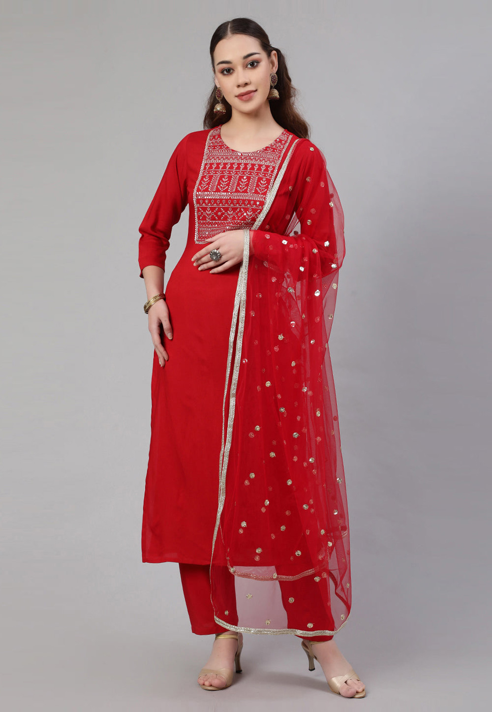 Red Viscose Rayon Readymade Pakistani Suit 282185