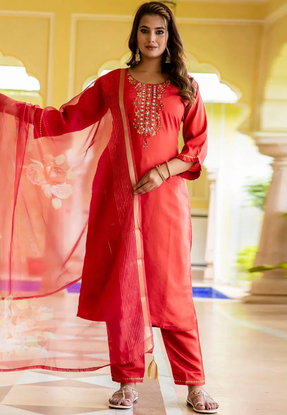 Red Viscose Rayon Readymade Pant Style Suit 297549