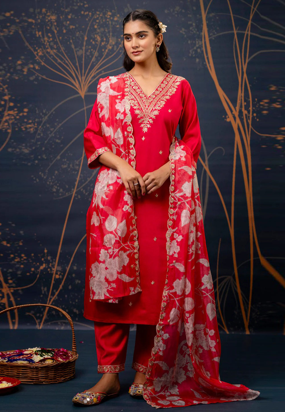 Red Viscose Rayon Readymade Pant Style Suit 309176
