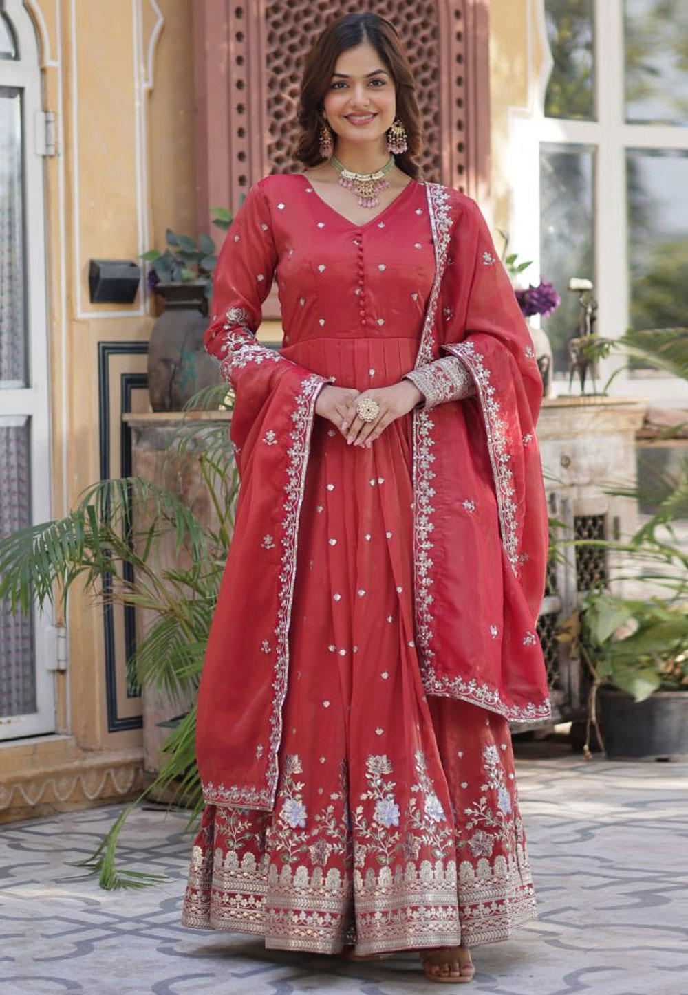 Red Viscose Readymade Long Anarkali Suit 310255