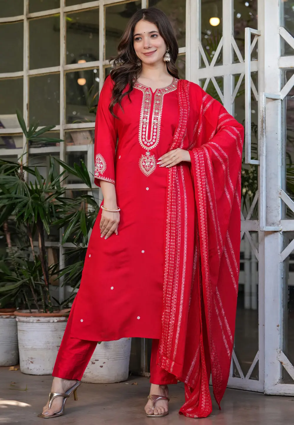 Red Viscose Readymade Pakistani Suit 303970