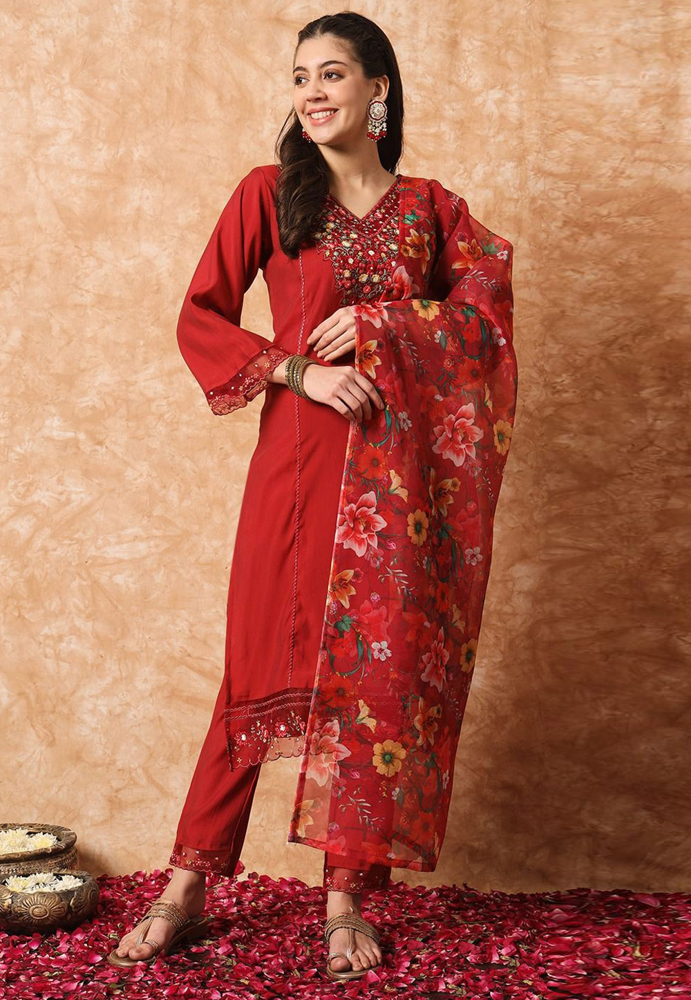 Red Viscose Readymade Pant Style Suit 279878