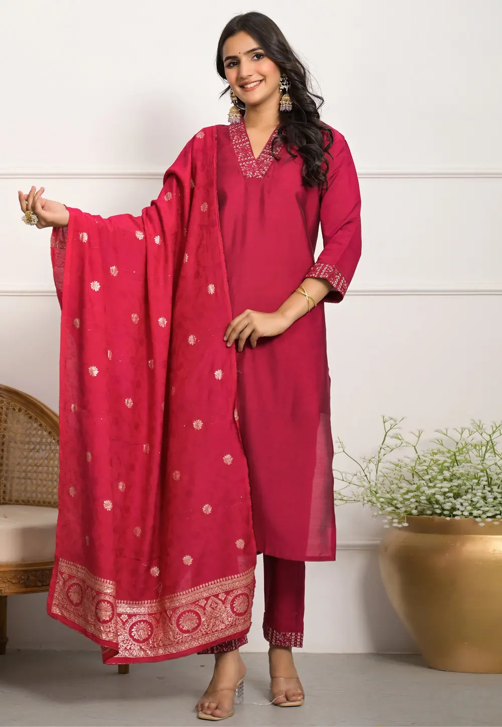 Red Viscose Readymade Pant Style Suit 297804