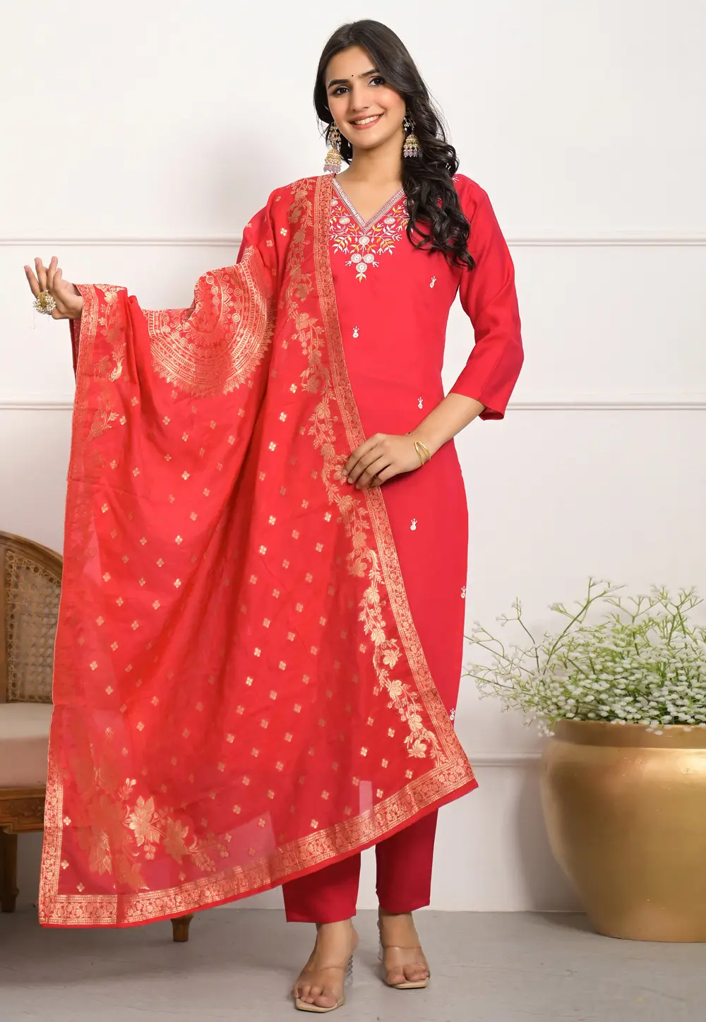 Red Viscose Readymade Pant Style Suit 299094