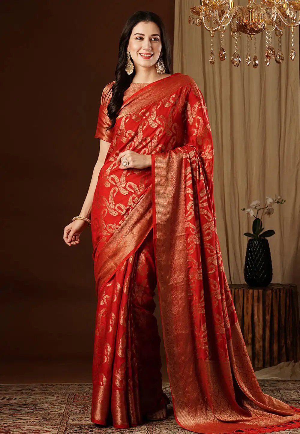 Red Viscose Saree With Blouse 294683