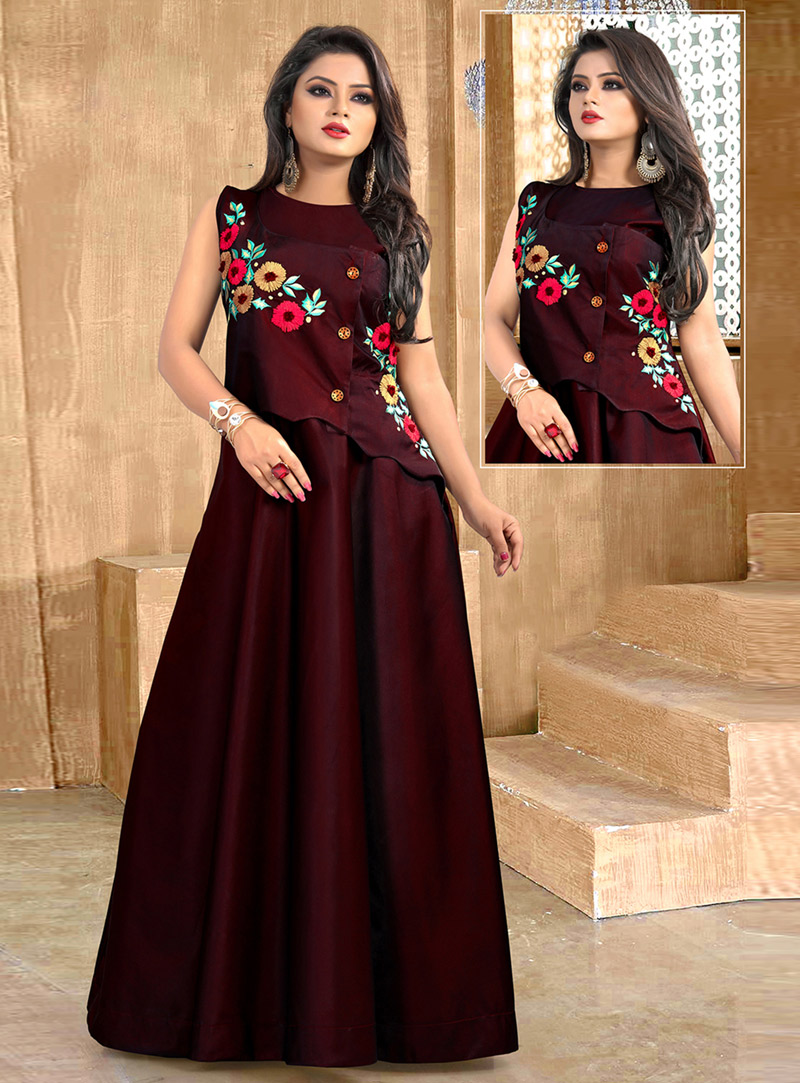 Maroon Taffeta Readymade Gown 142472
