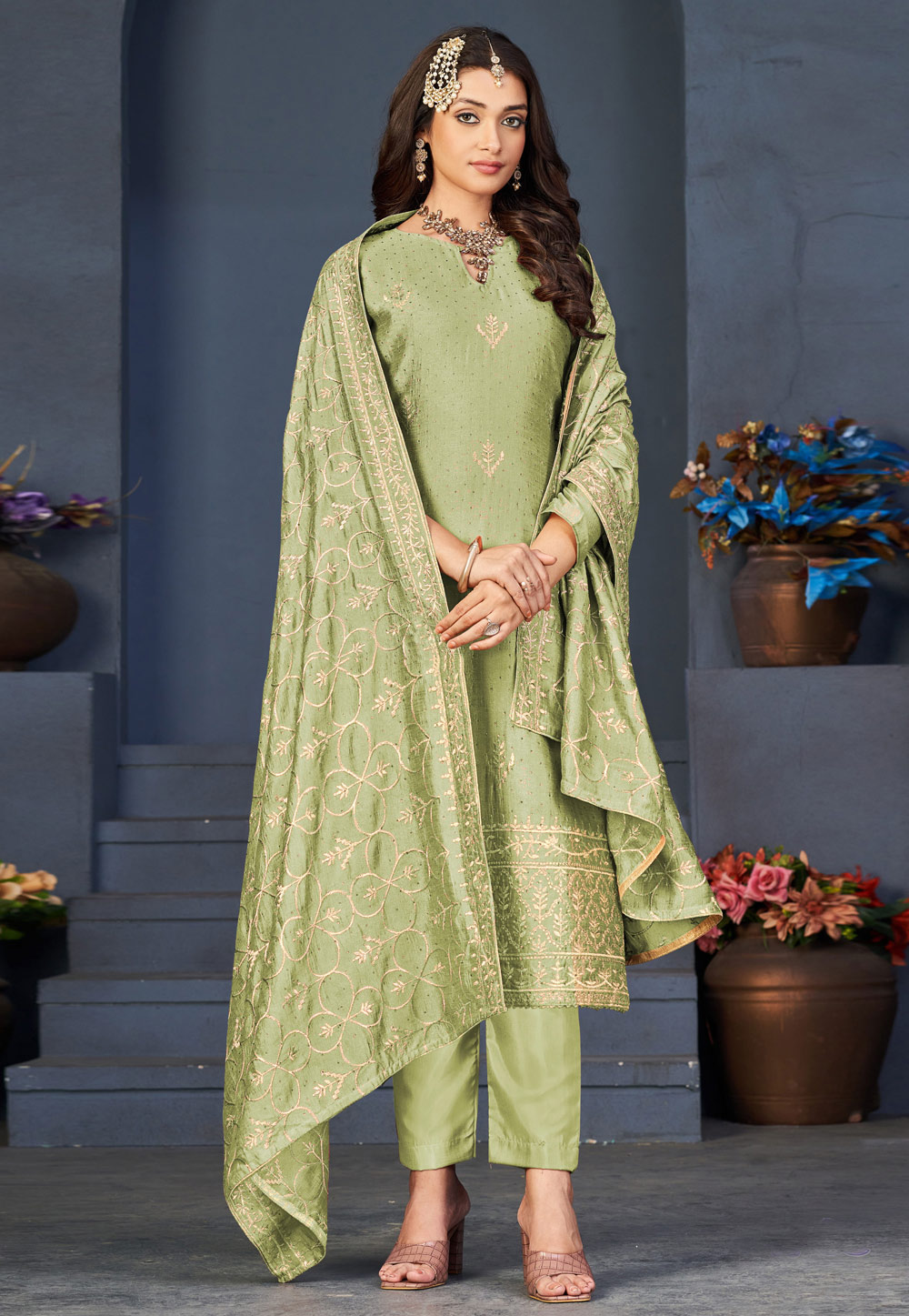 Light Green Silk Pant Style Suit 262174