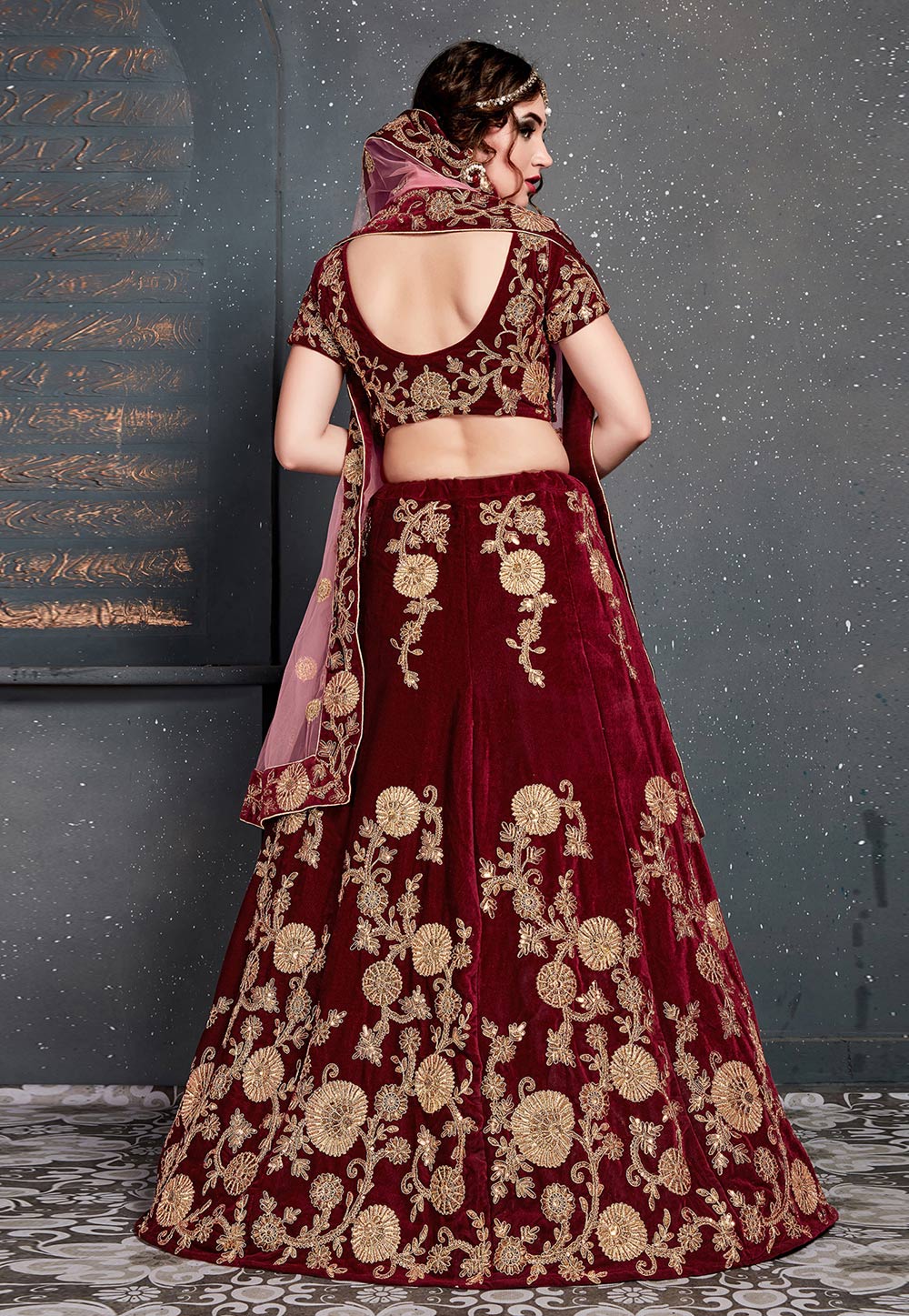 Maroon Velvet Embroidered Circular Lehenga Choli 182970