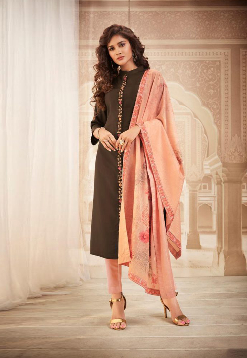 Brown Muslin Readymade Pant Style Suit 210061