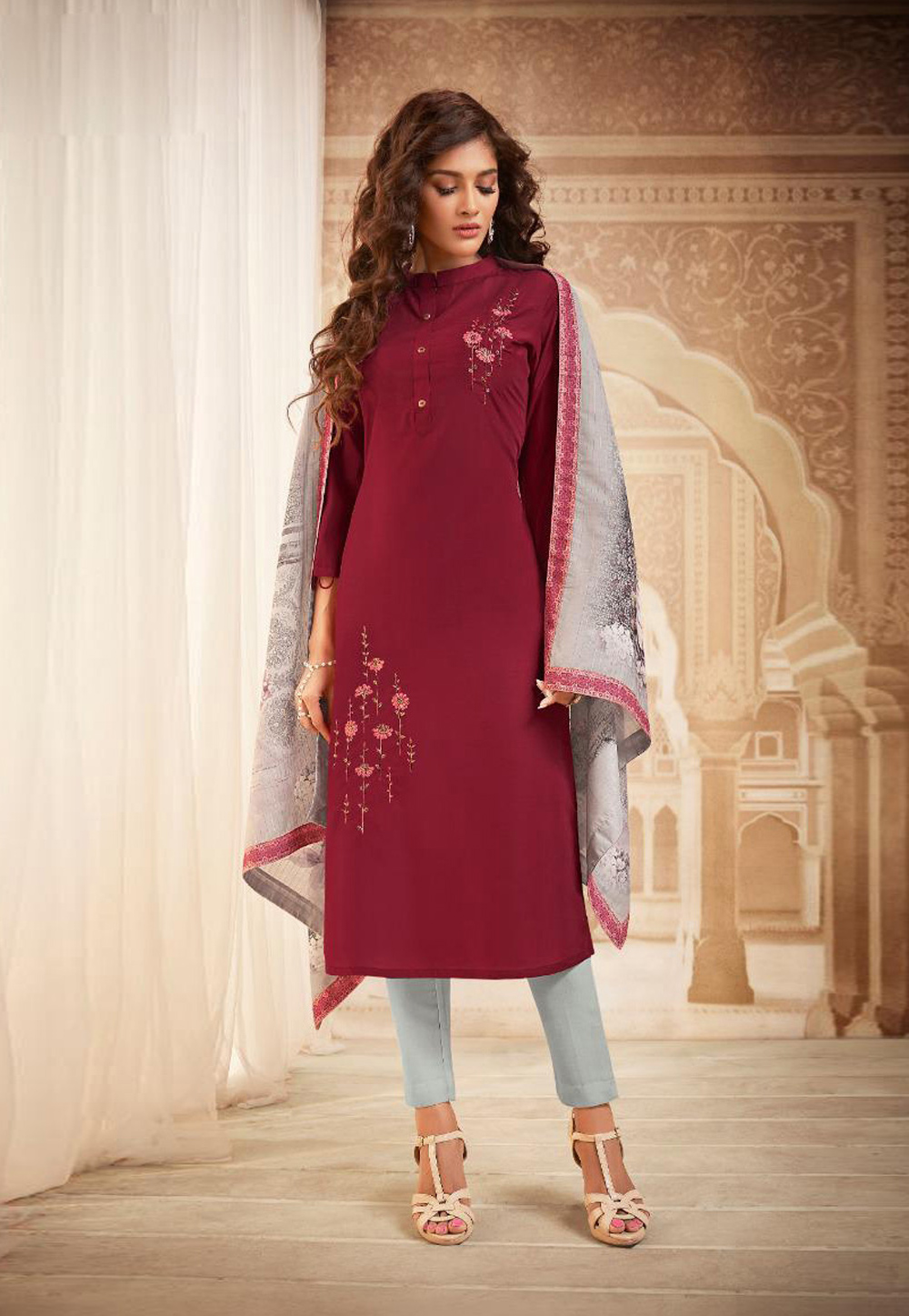 Maroon Muslin Readymade Pant Style Suit 210063