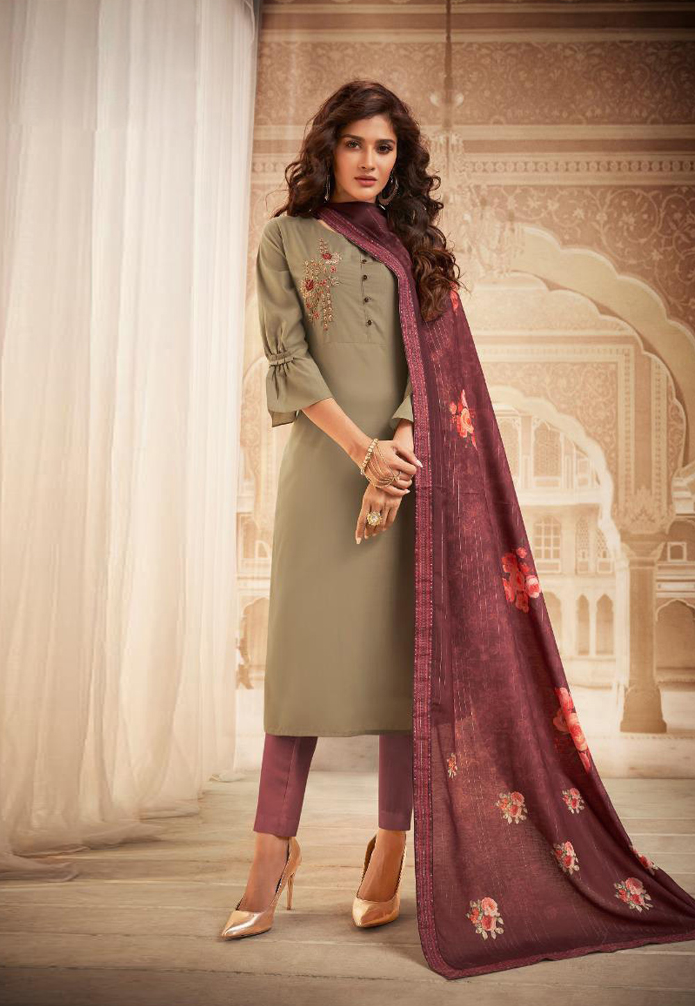 Beige Muslin Readymade Pant Style Suit 210065