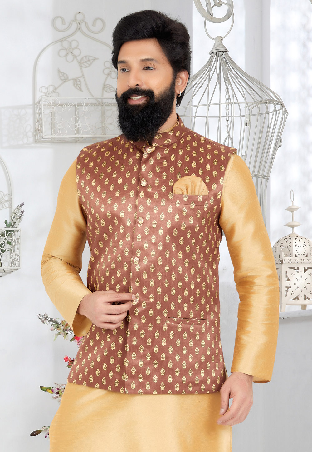 Rust Banarasi Nehru Jacket 286758