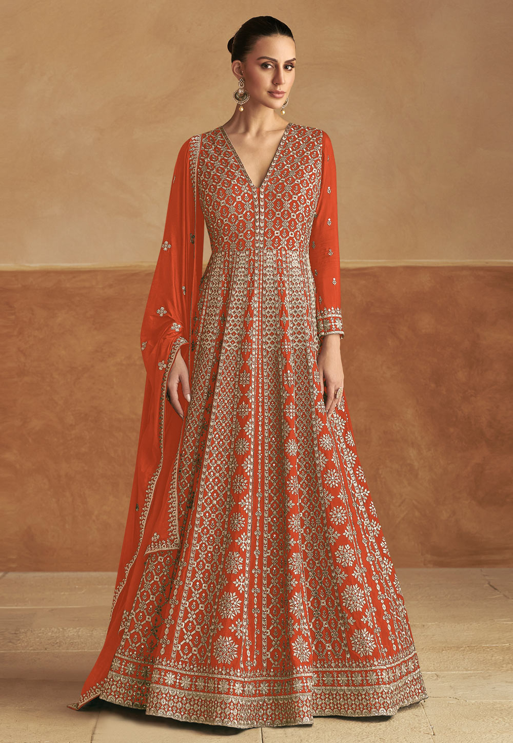 Rust Chinon Embroidered Long Anarkali Suit 306314