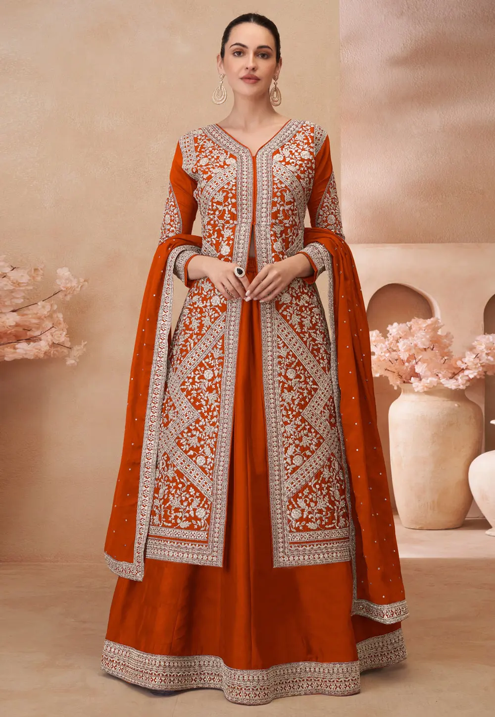 Rust Chinon Silk Indo Western Lehenga Choli 303683