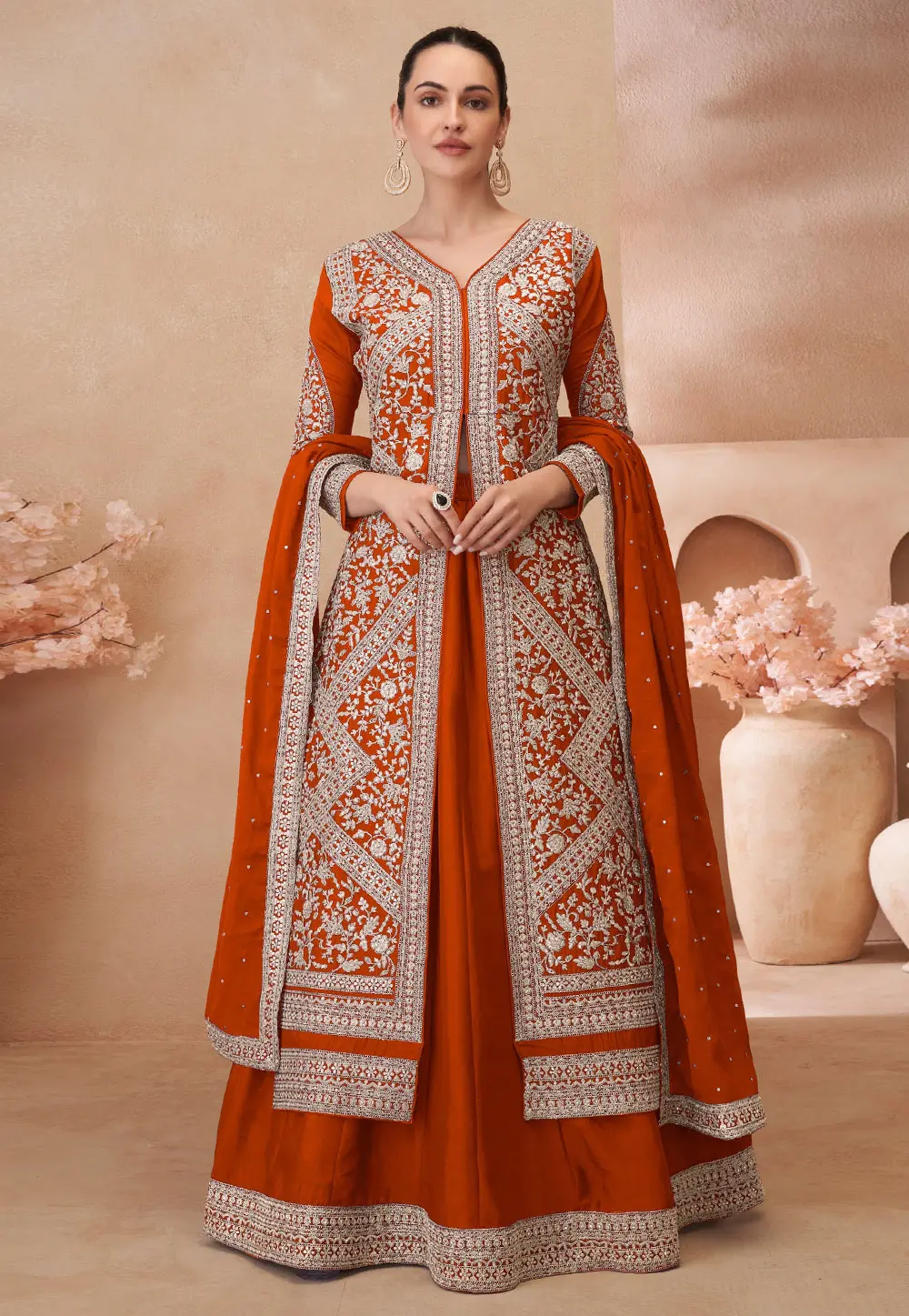 Rust Chinon Silk Indo Western Lehenga Choli 303683