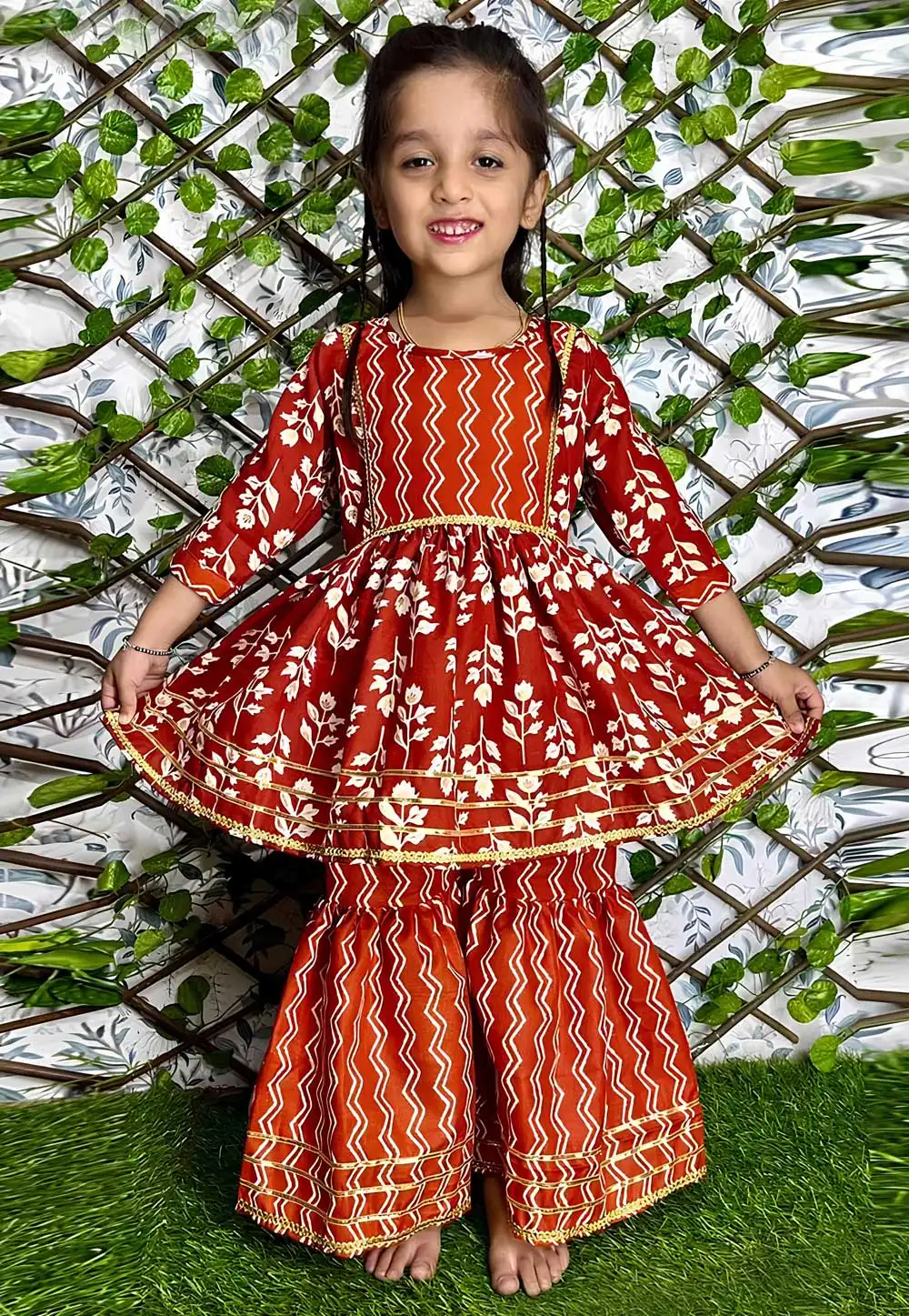 Rust Cotton Kids Sharara Suit 291015