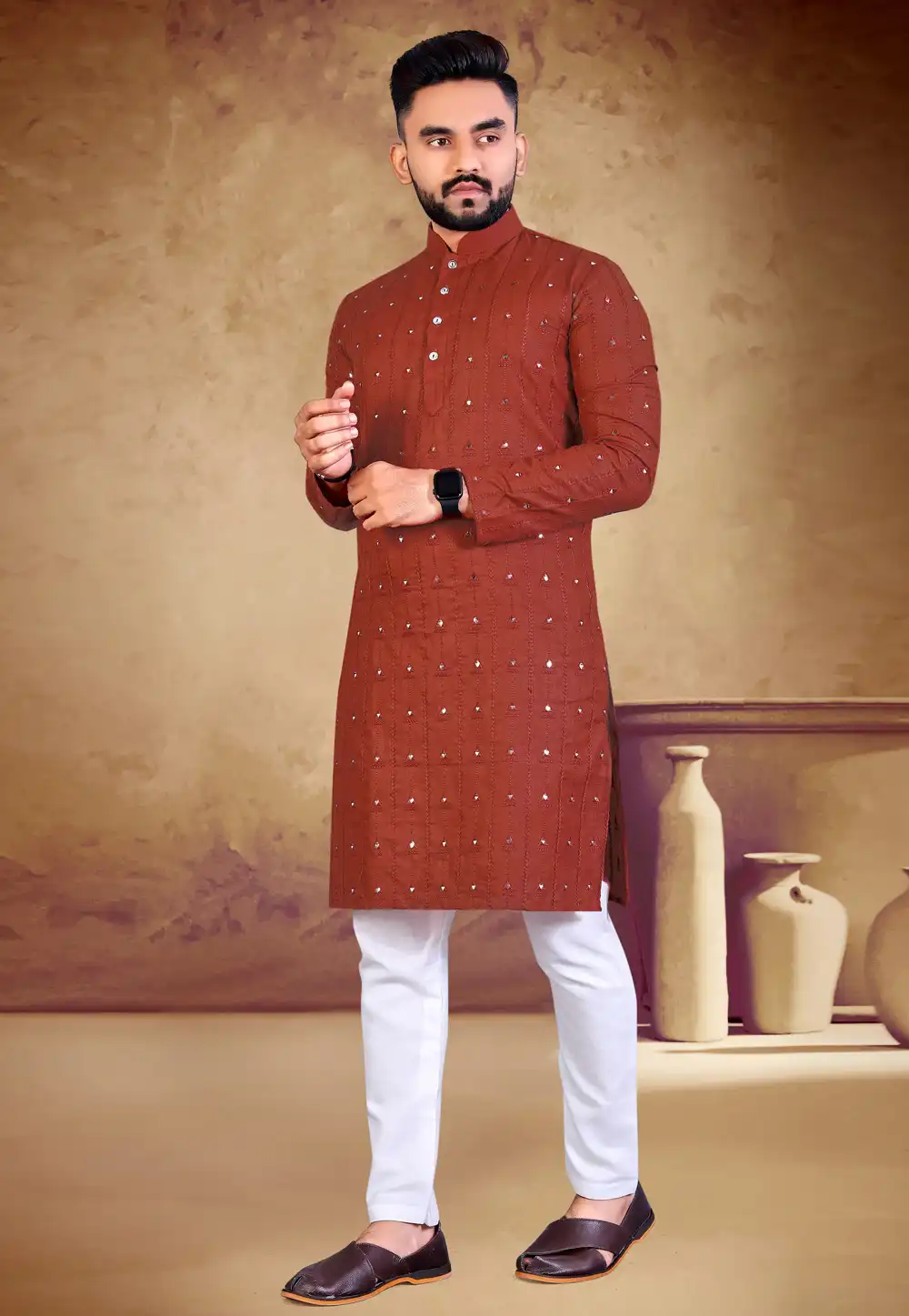 Rust Cotton Kurta Pajama 293420