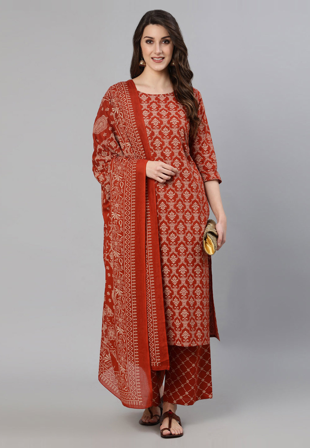 Rust Cotton Readymade Palazzo Suit 282110