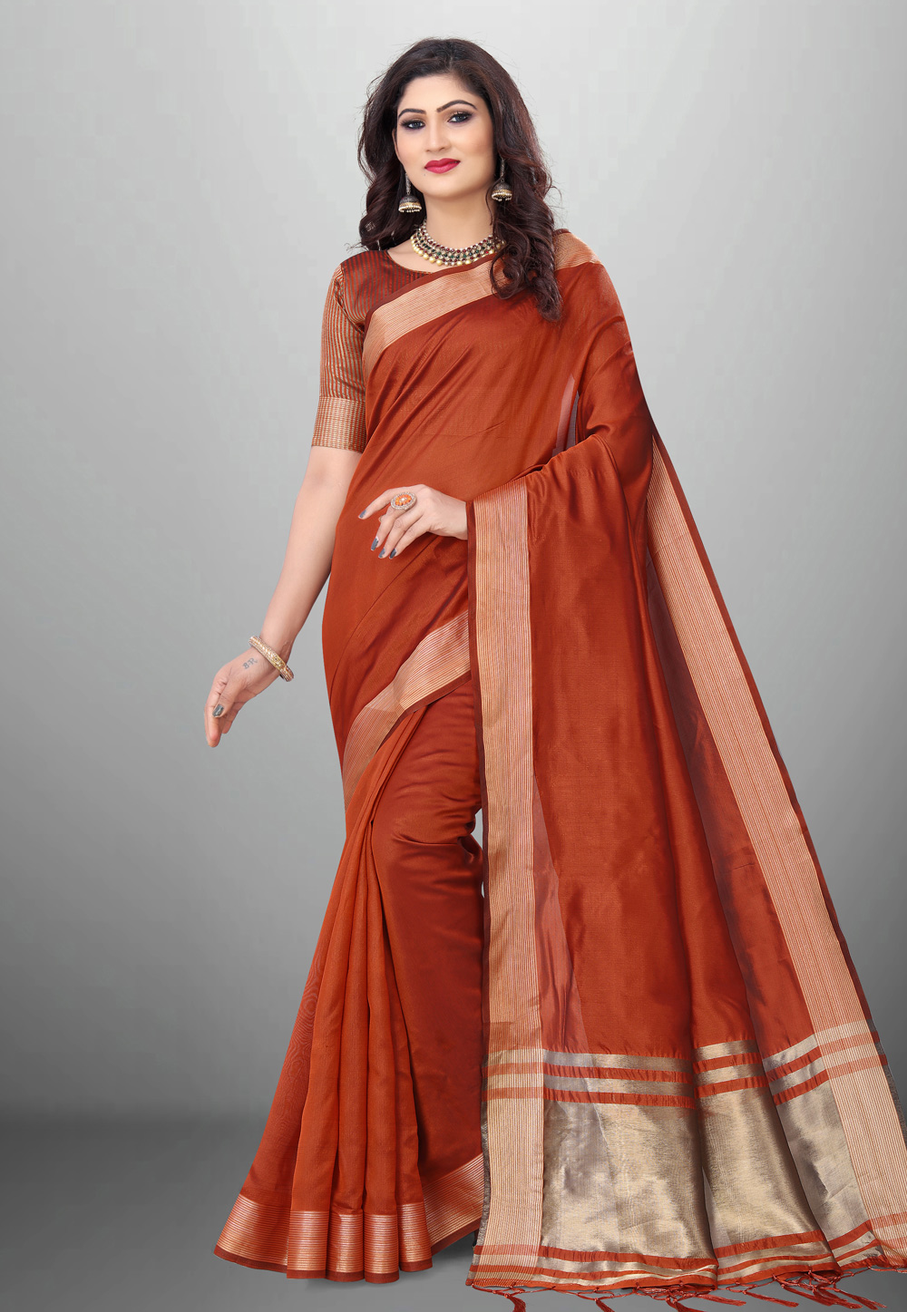 Rust Cotton Saree With Blouse 278451
