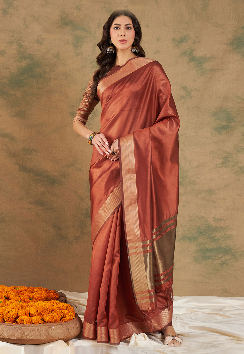 Dark red plain blended cotton saree with blouse - Charukriti - 3583786