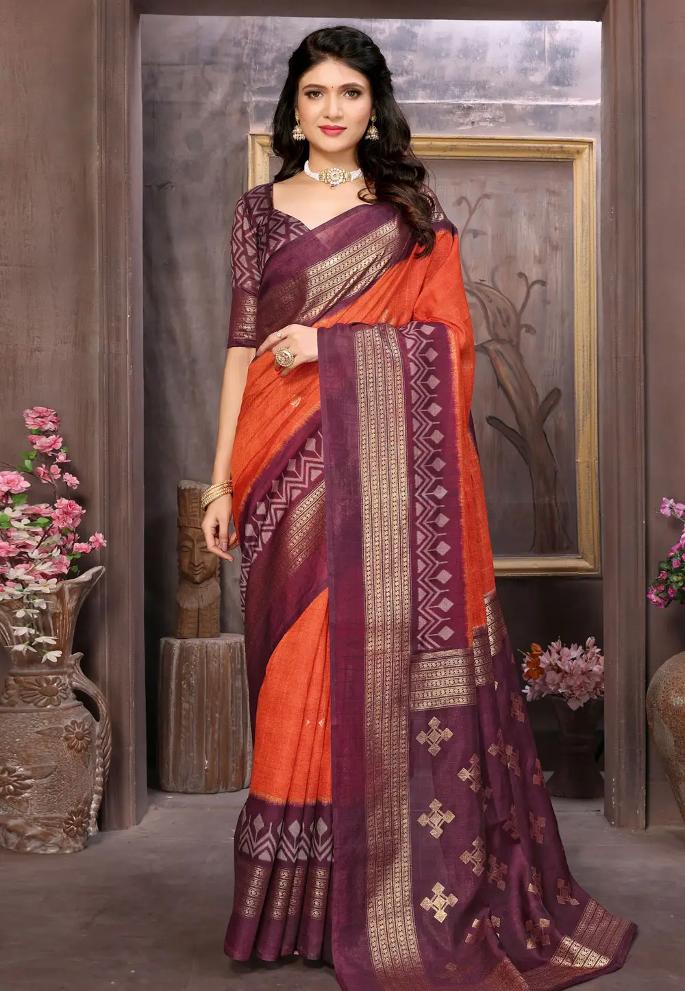 Rust Cotton Silk Saree With Blouse 296255