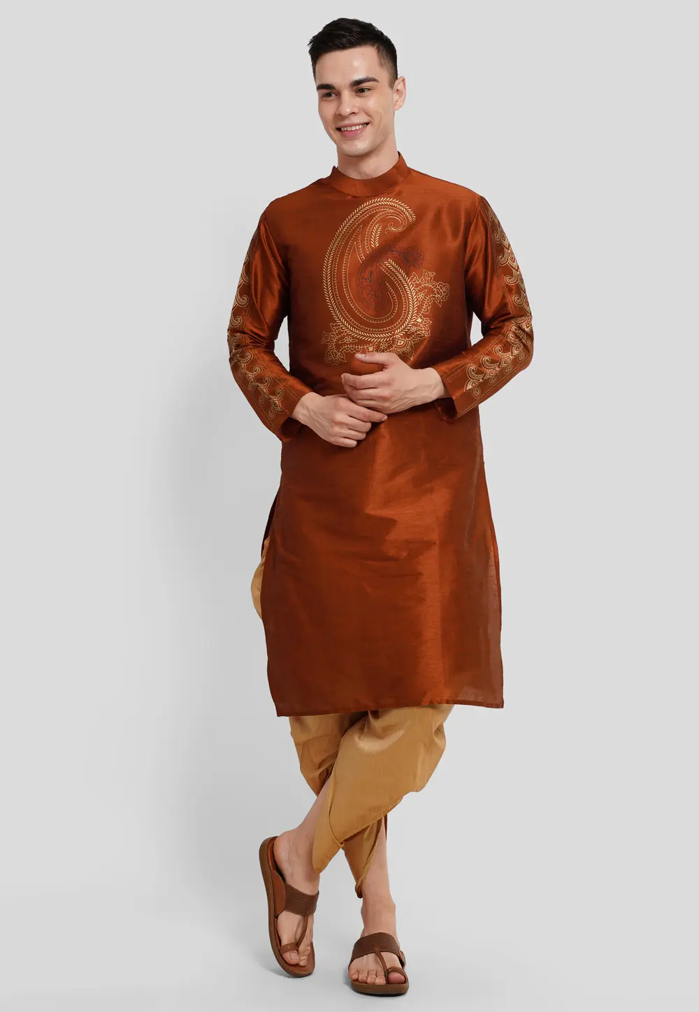 Rust Dupion Silk Dhoti Kurta 298146