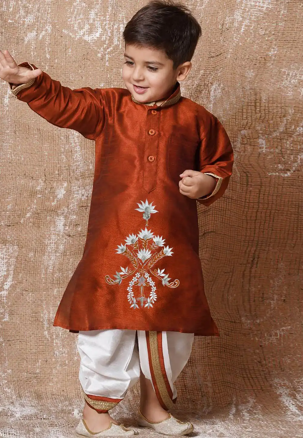 Rust Dupion Silk Kids Dhoti Kurta 289253