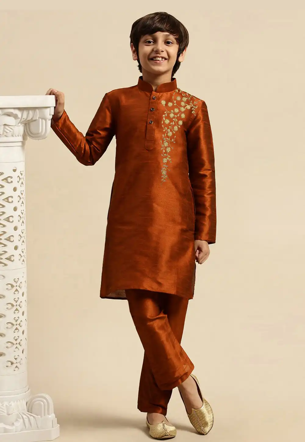 Rust Dupion Silk Kids Kurta Pajama 289231