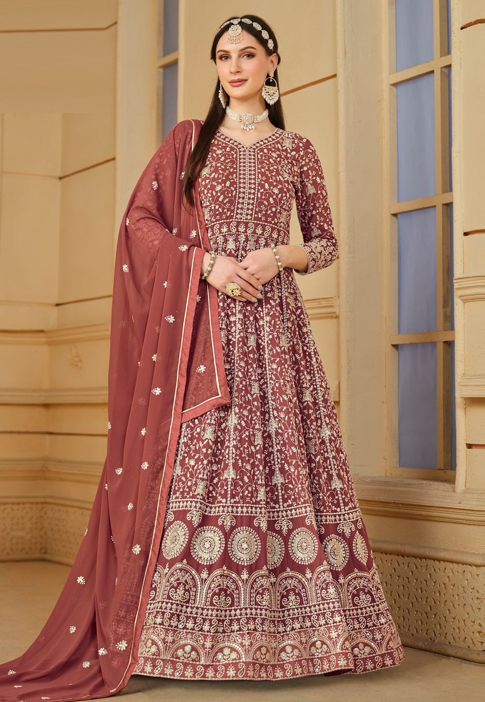 Rust Faux Georgette Embroidered Anarkali Suit 282458