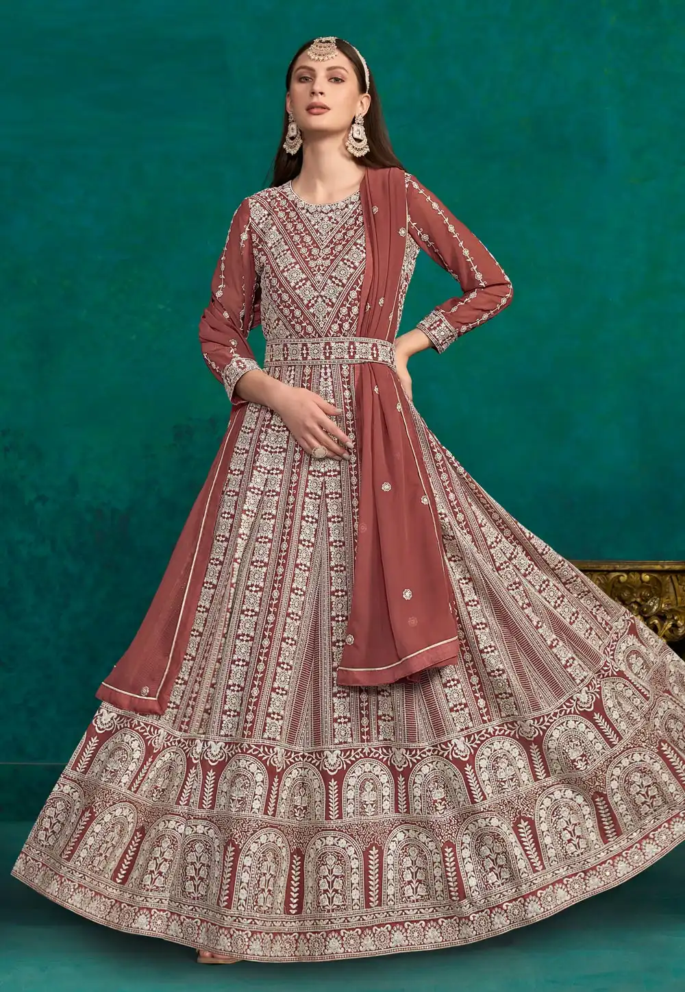 Rust Faux Georgette Embroidered Anarkali Suit 288640