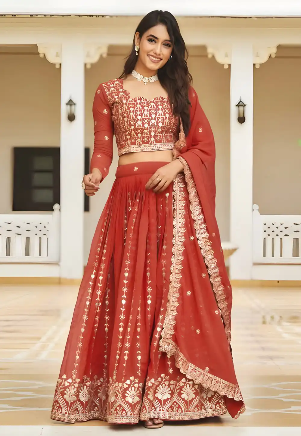 Rust Faux Georgette Readymade A Line Lehenga Choli 294115