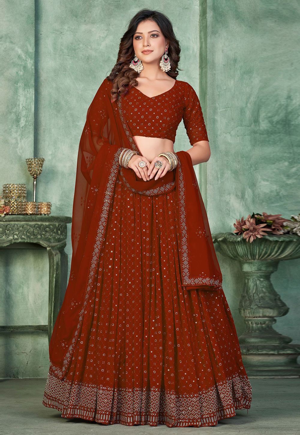 Rust Georgette Circular Lehenga Choli 309337