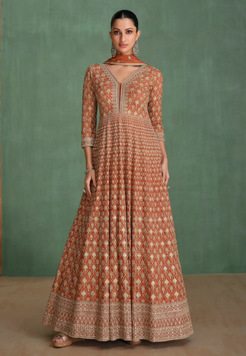 Rust Georgette Embroidered Anarkali Suit 297954