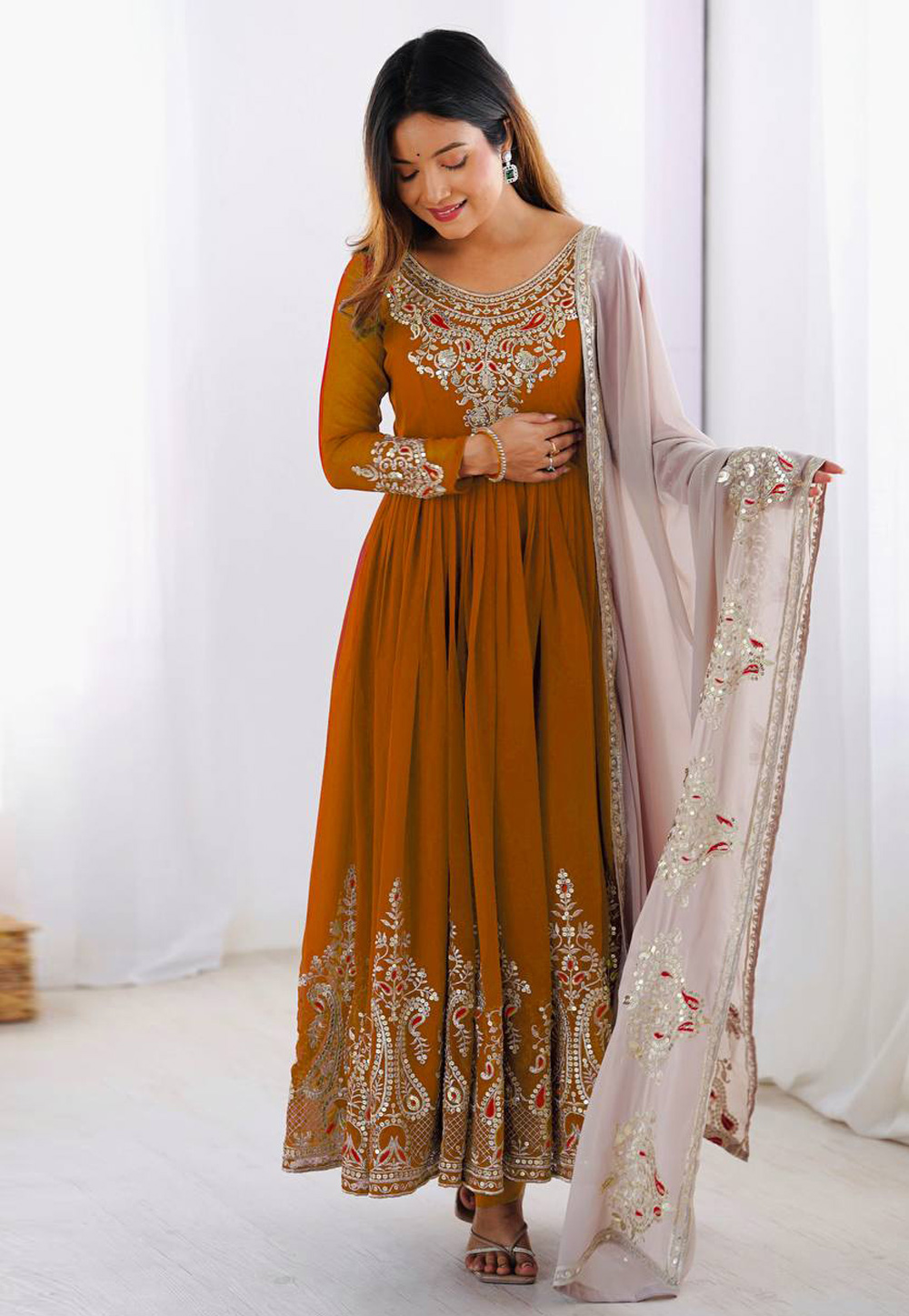 Rust Georgette Readymade Anarkali Suit 310507