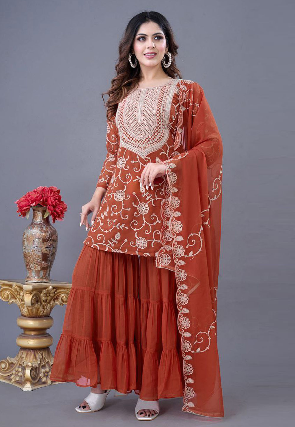 Rust Georgette Readymade Sharara Suit 305747