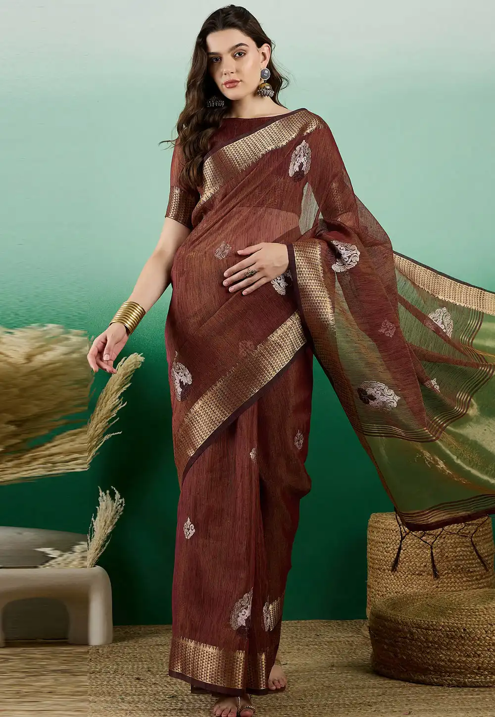 Rust Khadi Saree With Blouse 290242