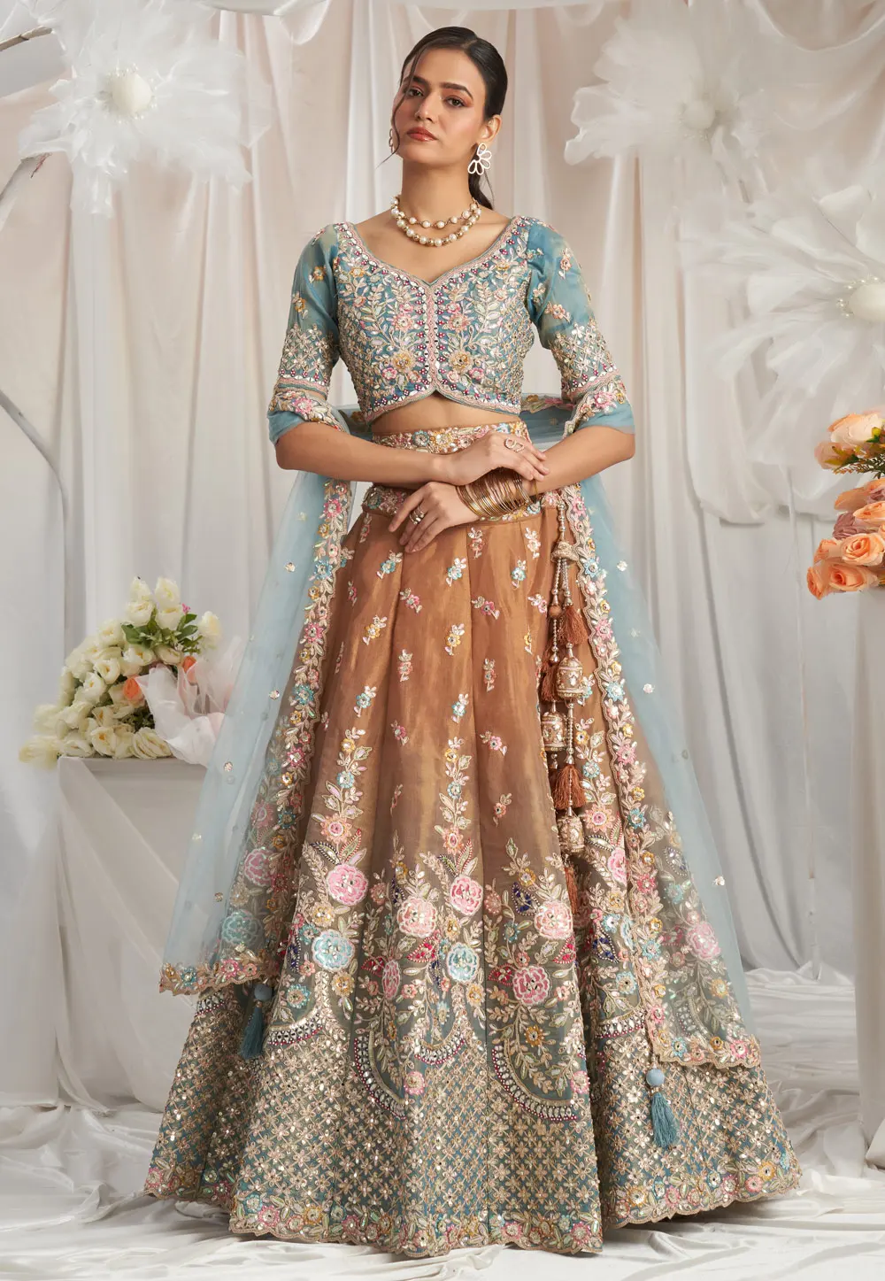 Rust Net Circular Lehenga Choli 297335