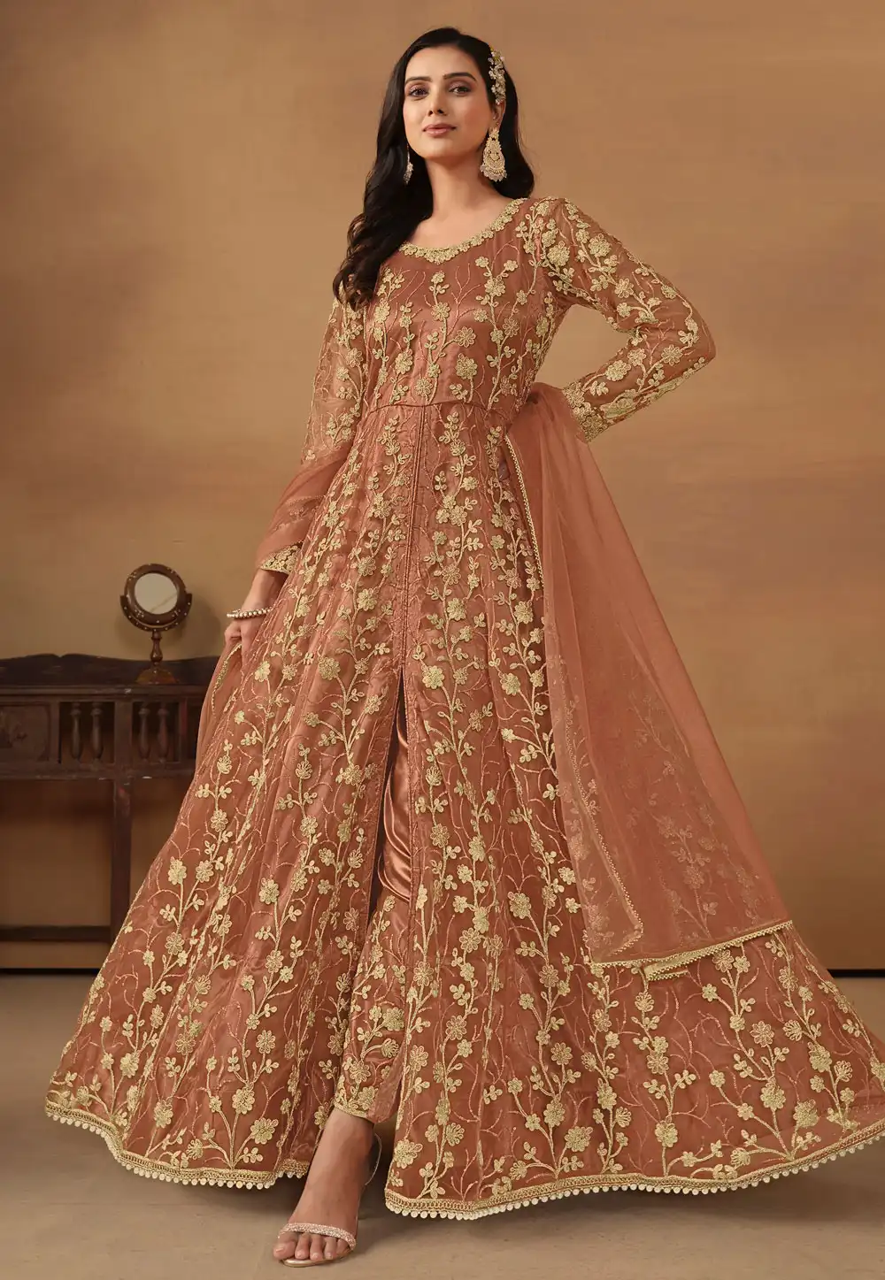 Rust Net Embroidered Center Slit Anarkali Suit 291842