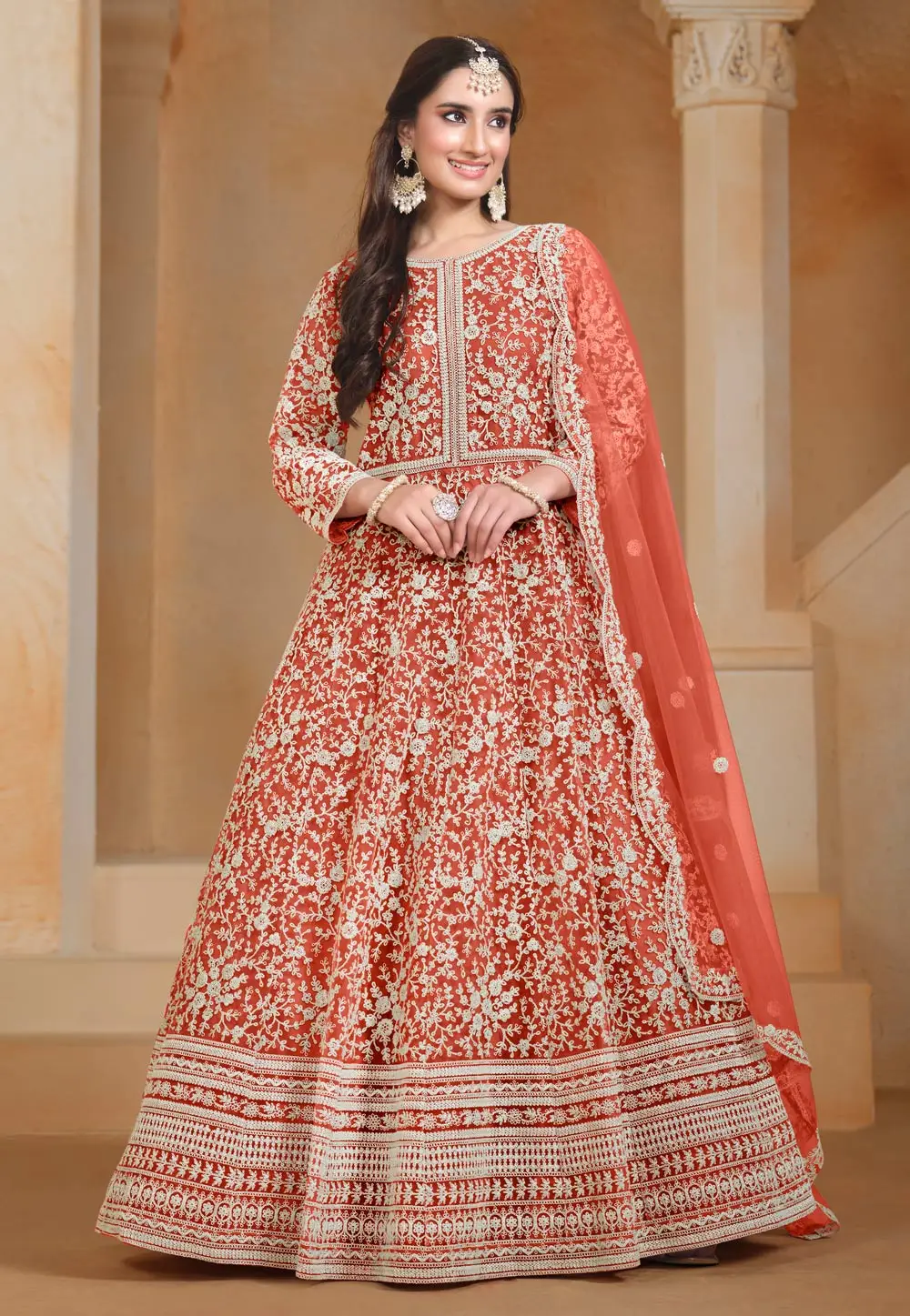 Rust Net Embroidered Long Anarkali Suit 296593