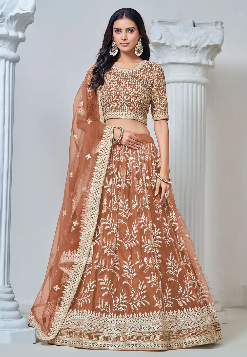 Rust Net Lehenga Choli 299773